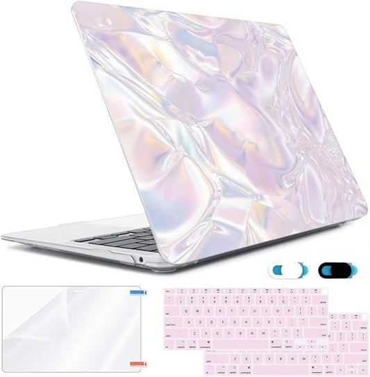 for MacBook Air 13 inch, MacBook Air Case 2021-2018 M1 A2337 A2179 A1932 with Retina Display Touch ID, Plastic Hard Case + Keyboard Cover + Webcam Cover + Screen Protector, Pink Crystal