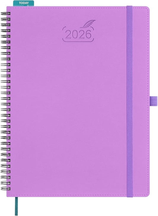 BEZEND 2026 Planner Weekly and Monthly (8.5" x 11" Spiral) Daily Calendar with Half-Hourly Timeslots & Tab (Jan-Dec) Note & Expenses, Pen Holder, Inner Pocket, Vegan Leather Softcover - Lavender