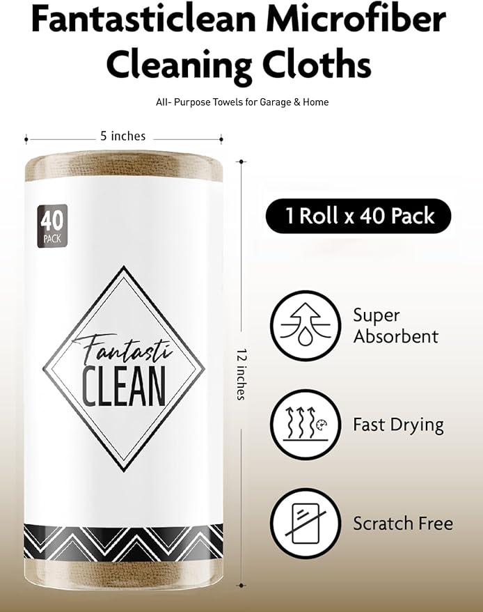 Fantasticlean Microfiber Cleaning Cloth Roll -40 Pack, Tear Away Microfiber Towels, 12" x 12", Reusable, Washable, Scratch Free, Ultra Absorbent Dish Rags for Car, Home, Garage or Shop (TAN)