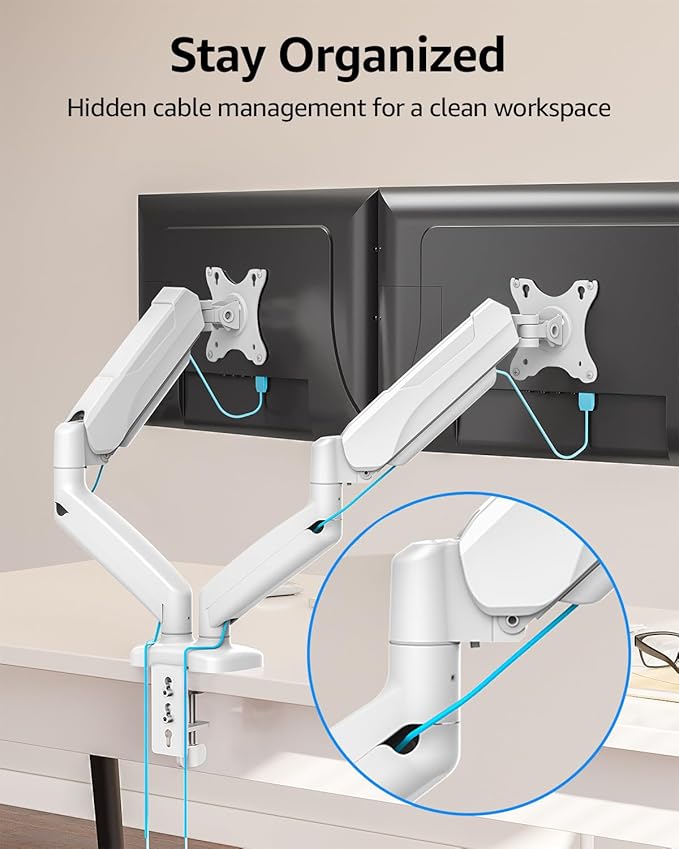 MOUNTUP Dual Monitor Stand for Desk, Gas Spring Monitor Arms for 2 Monitors Max 32 Inches, Height Adjustable Double Monitor Mount, VESA Mount with C-Clamp & Grommet Base, Holds 4.4-17.6lbs, White