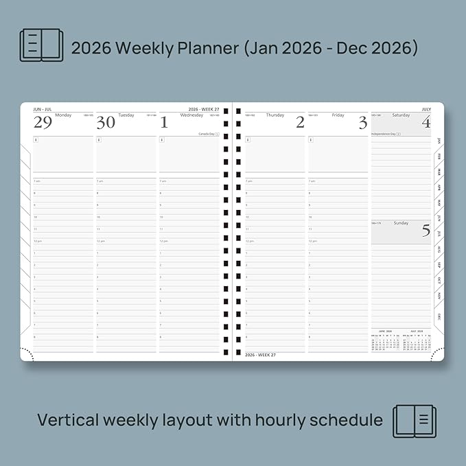 POPRUN 2026 Planner (Large - 8.5" x 10.5") with Hourly Schedule, Vertical Layout - 2026 Weekly Calendar (Jan. 2026 - Dec.2026) for Time Management, Monthly Tabs, Spiral Bound, Soft Cover - Burgundy Red