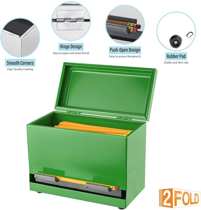 2Fold Pencil Dispenser for Classroom - Stainless Steel Bulk Pencil Holder for Desk - Includes Removable Label Stickers - Teacher Must Haves for Organization - Holds up to 200 Pencils (Green)