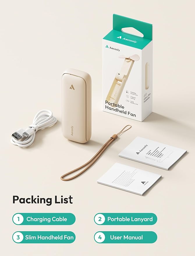 Aecooly Slim Portable Fan, Thin Handheld Fan, USB Rechargeable Mini Personal [24H Max Cooling Time], Battery Powered Small Foldable Pocket for Travel, Summer, Gifts for Women, Girls -Beige