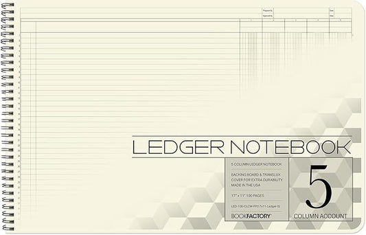 BookFactory Accounting Ledger Notebook/Large 5 Column Accounting Ledger Columnar (Five Columns) Log Book - 17'' x 11'', 100 Pages, Wire-O Landscape Format (LED-100-CLCW-PP(17x11-Ledger-5)-AX)