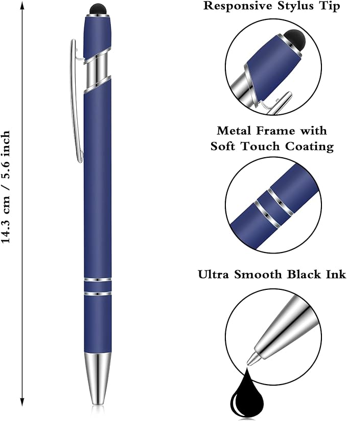 Tenare 12 Pieces 2 in 1 Stylus Metal Ballpoint Pen with Stylus Tip, 1.0 mm Black Ink Ballpoint Pen for Touch Screens(Dark Blue)
