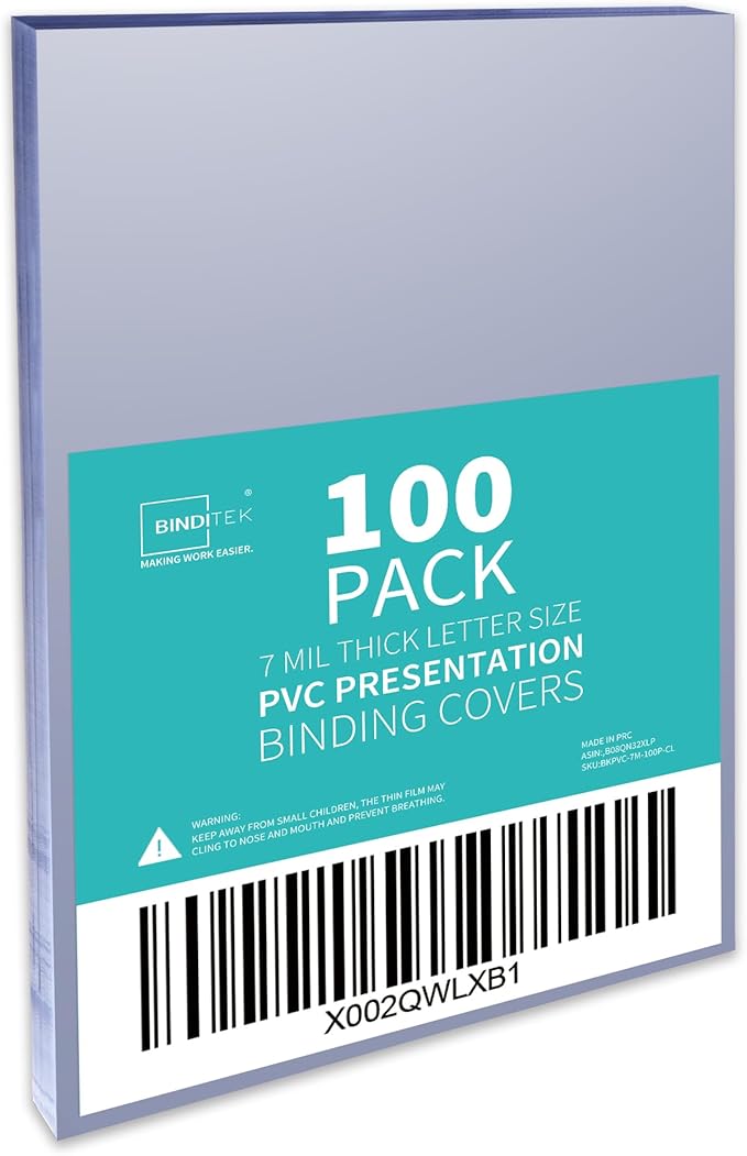 Binditek 100 Pack 7 Mil PVC Plastic Binding Covers, 8.5 x 11 Inches, Letter Size, Square Corners, Un-Punched, Office Supplies