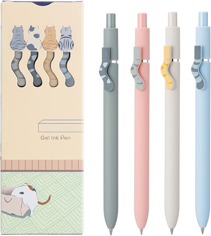4PCS Cute Cat Retractable Gel Pens Set, Quick Dry Black Ink Fine Point Roller Ball Gel Ink Pen for Smooth Writing (Morandi Color)