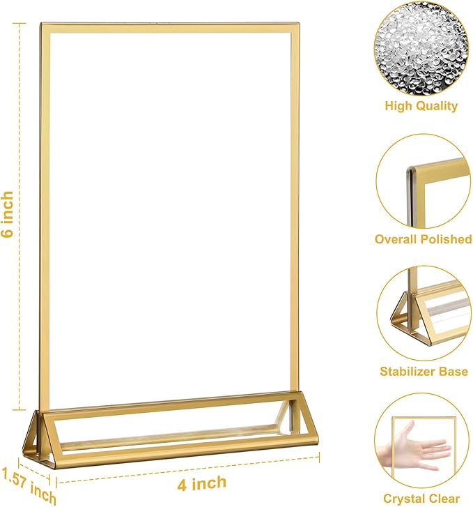 EHWINE 12 Pack Acrylic Sign Holder 4 x 6, Double Sided Gold Picture Frame Stand up Table Top Sign Holders, Clear Display Stand Menu Flyer Holder for Wedding Party
