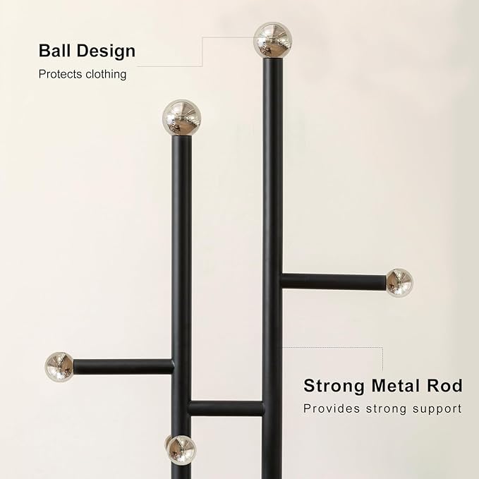 Coat Rack Freestanding with Marble Base Sturdy Coat Tree Heavy Duty Clothes Rack for Entryway Bedroom Living Room Hotel 14.96 x 10.24 x 68.9 Inches (Black)