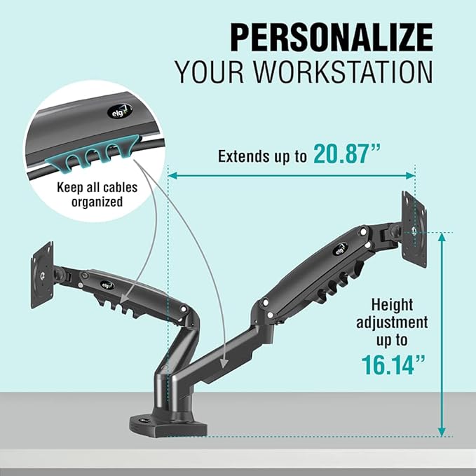 ELG Full Motion Swivel Dual Monitor Desk Mount Stand Gas Spring for Two Screens 17” to 35'' (4.4lbs to 19.8lbs Load for Each Display), Computer Monitor Stand F160N, Black