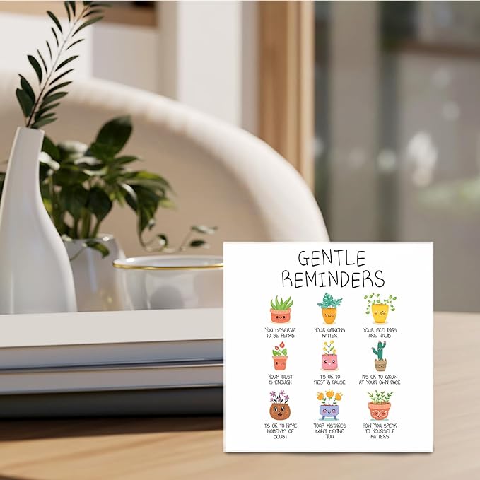 Mental Health Wooden Signs - Gentle Reminders Wooden Box Sign, Inspirational Potted Plant Desk Sign, Therapy Office Decor, Motivated Gifts, 5 X 5 Inches