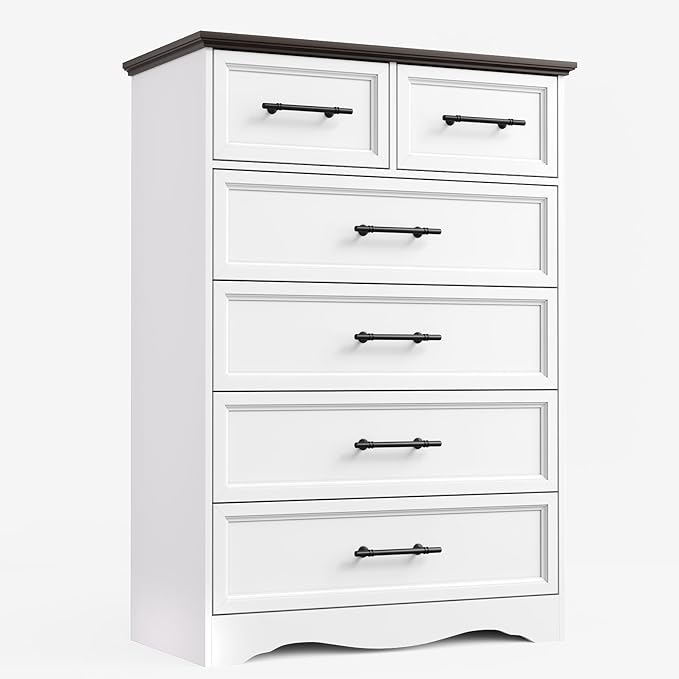 White Farmhouse Dresser for Bedroom, Modern 6 Chest of Drawers, 44" Tall Chest of Drawers w/Brushed Metal Handle, Wood Closet Organizers and Storage Cabinet for Bedroom, Living Room, Hallway