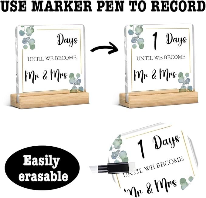 Wedding Countdown Items,Countdown to Wedding Just Engaged Gifts for Couple Wipeable Acrylic Sign for Women, Bride and Groom, Newly Future Mrs with Wood Stand 4 X 4 Inch