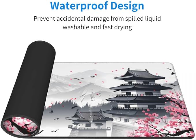 Desk Pad,Office Desk Mat 31.5"×11.8"Large Gaming Mouse Pad,Durable Extended Computer Mouse Pad,Waterproof Thick Big Mouse Pads with Non-Slip Rubber Base Office Home Japanese Castle Cherry