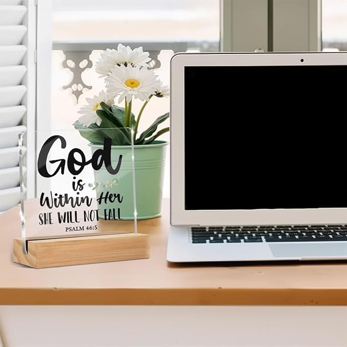 God is within Her Bible Verse Christian Gifts for Women Men Coworkers Friends, Motivational Quotes Psalm 46 : 5 Desk Decor Acrylic Sign 4x4 Inch, Positive Affirmations Desk Accessories Signs