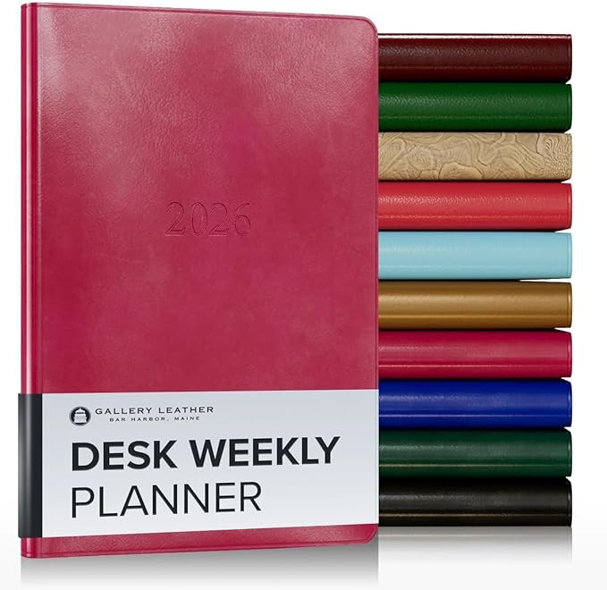 Gallery Leather Desk Weekly Monthly Planner 2025-2026, Elegantly Bound Calendar Planner and Notebook with Stylish Gold-Gilded Page Edges, 12 Months - Acadia Wild Rose - 8 x 5.5 "