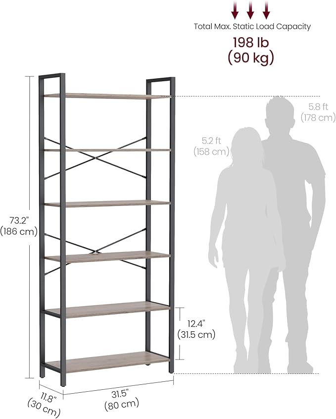 VASAGLE 6-Tier Bookshelf, Bookcase with Steel Frame, Book Shelf for Living Room, Home Office, Study, 11.8 x 31.5 x 73.2 Inches, Industrial Style, Heather Greige and Ink Black ULLS082B02