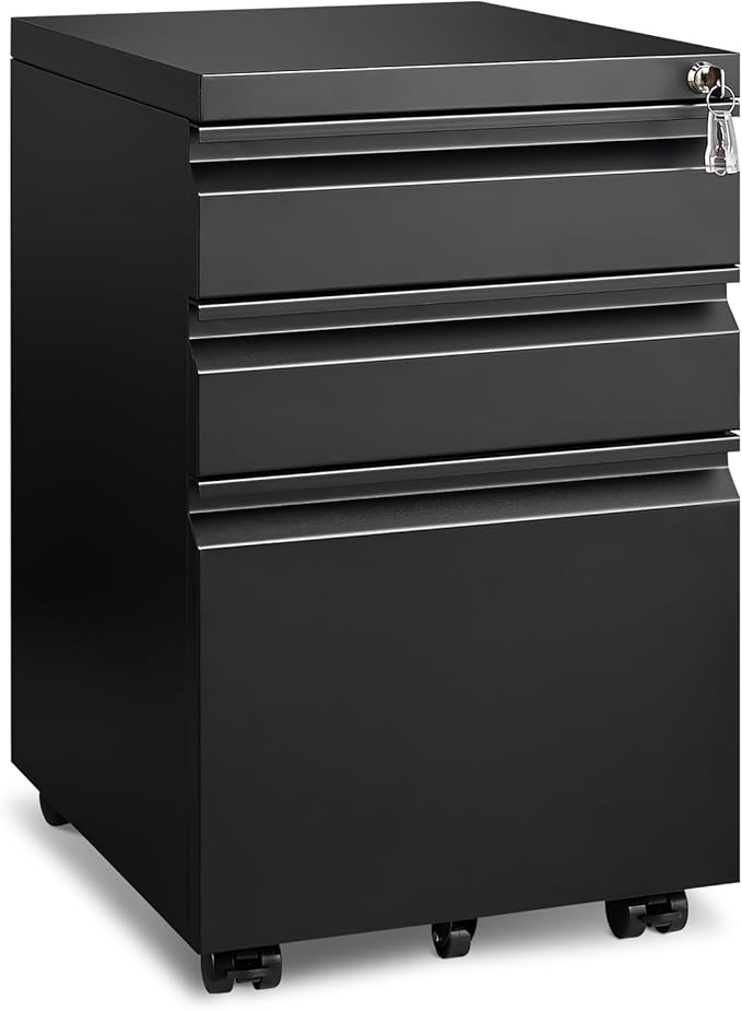 3 Drawer File Cabinet for Home Office, Under Desk Mobile Filing Cabinet with Lock for A4-Size/Letter-Size/Legal-Size, Black (HSEJ-3D)