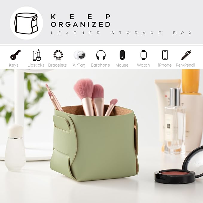 HOMIEAZICOZI 2-Pack Cork Leather Desk Accessories Storage - Pencil Pen Holder - Makeup Brush Holder Organizer - Stylish Addition to Home Decor (Light Green)