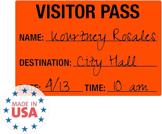 Red Visitor Pass / 500 Fluorescent Red Visitor Identification Stickers / 2" x 3" Rectangle Guest Label Badges/Made in The USA