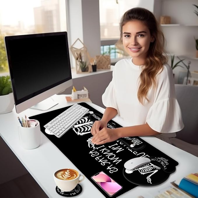 Ergonomic Mouse Pad with Wrist Rest Desk Mat Set, Skeleton Gaming Mouse Pads, Keyboard Mat Wrist Rest Cup Coaster, Funny Office Desk Accessories