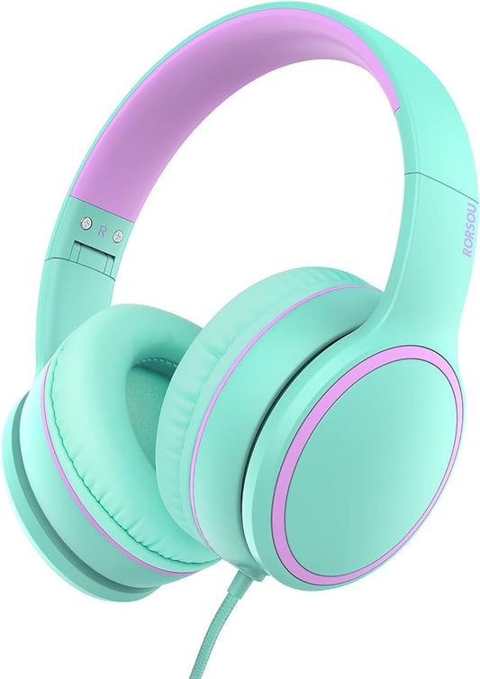 RORSOU R10 Over-Ear Headphones with Microphone Lightweight Folding Stereo Bass Headset with 1.5M No-Tangle Cord Portable Wired Headphones for Smartphone Tablet Computer Green