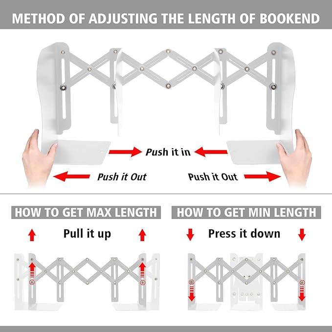 OMEYA 2PCS Adjustable Metal Bookends, Heavy Duty, 2 Dividers, Nonslip, Extends up to 19 inches (White)