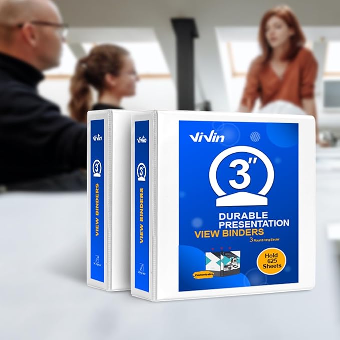 ViVin 3 Ring Binder 3 inch with Clear View Cover, Large 3" Round Ring for Strength, Holds 600 Sheets of US Letter Size Paper, Office Home School, 2 Pack (White)