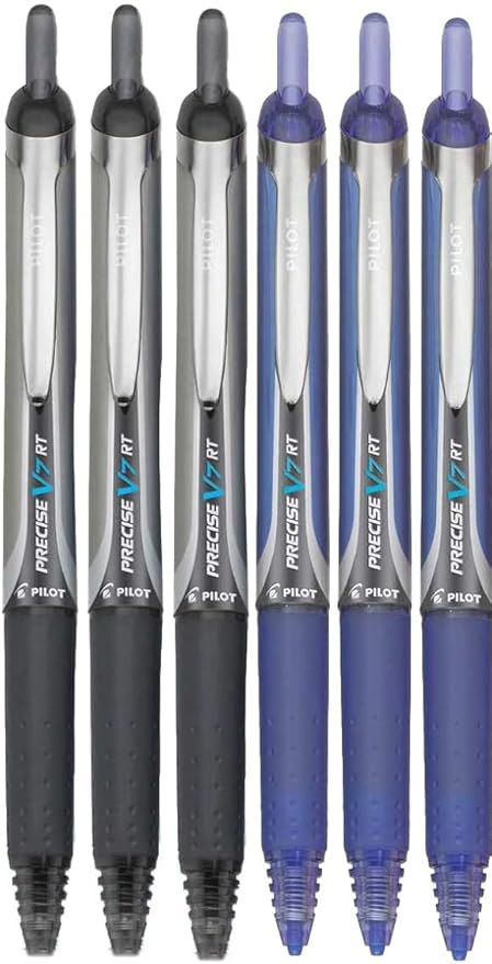 Precise V7 RT Retractable Rolling Ball Pens, Fine Point (.7mm), Assorted Colors, Black/Blue Ink, 6-pk; Premium Comfort Grip, Bundle with Plastic Reusable Pouch