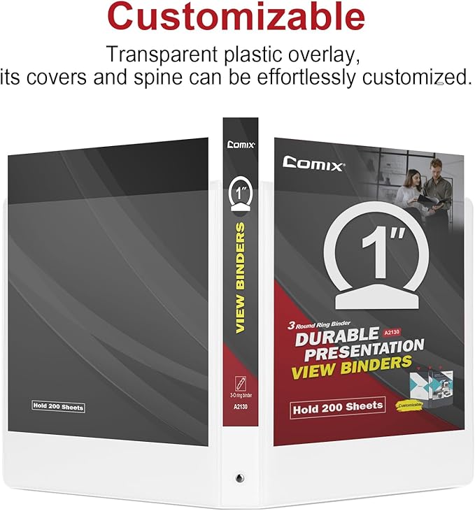 Comix Sturdy 1 Inch Round Ring View Binder, Standard 1" 3 Ring Binder for 200 Sheets of US Letter Size Paper, Pack of 12 (White)