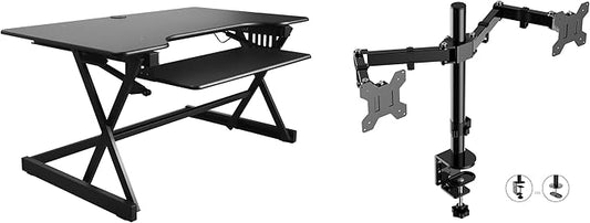 Rocelco 40" Height Adjustable Standing Desk Converter with AC Outlet USB Charger and Dual Monitor Arm Mount - Sit Stand Up Tabletop Riser - Sliding Keyboard Tray - Black (R DADRB-40-ACUSB-DM2)
