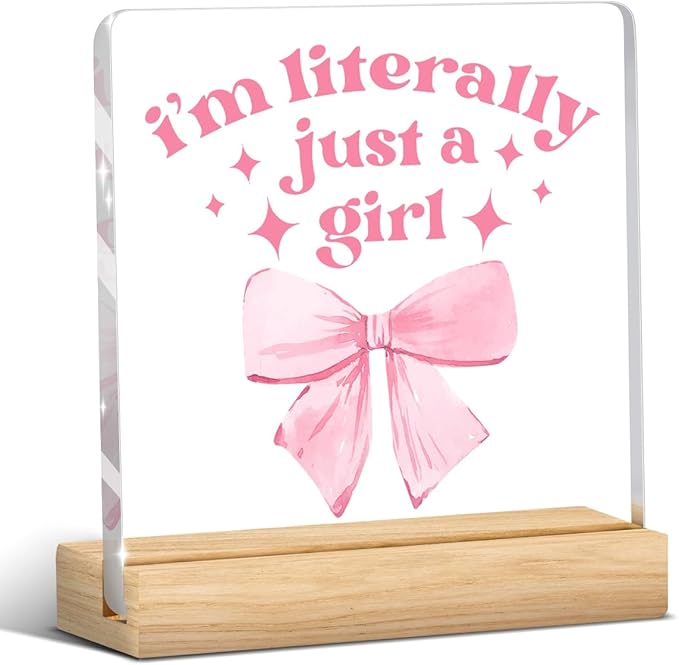 Pink Bow Decor Preppy Coquette Gifts Pink Girl Room Decor Bow Sign Acrylic Sign Plaque Table Decorations for Home Farmhouse Bedroom