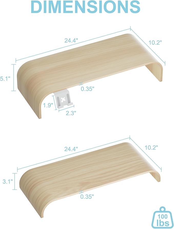 Solid Wood Dual Monitor Stand Riser 2 Tier, 24.1 Inch Desktop Organizer with Phone Holder, Ergonomic Computer Stand, Multifunctional Desk Shelf for Laptop, PC, Printer, Supports Up to 110lbs