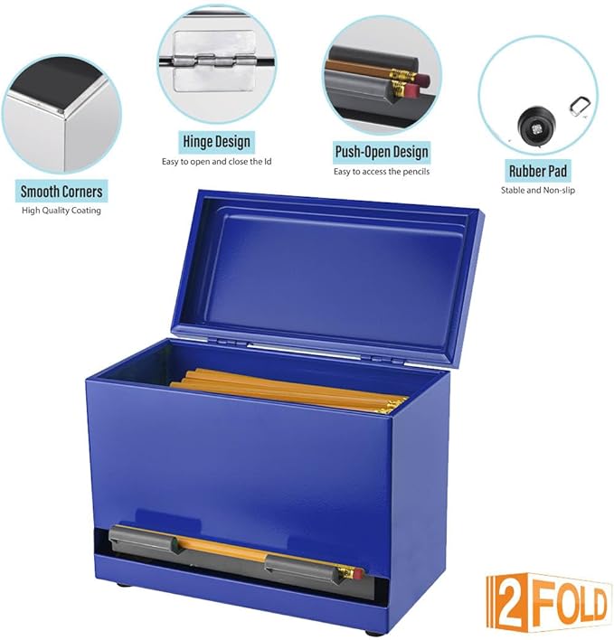 2Fold Pencil Dispenser for Classroom - Stainless Steel Bulk Pencil Holder for Desk - Includes Removable Label Stickers - Teacher Must Haves for Organization - Holds up to 200 Pencils (Blue)