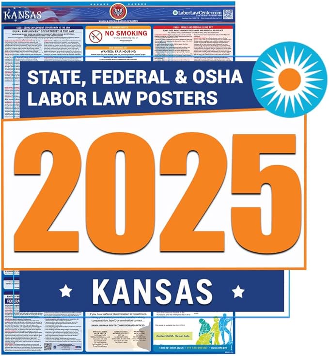 2025 Kansas Labor Law Poster- State, Federal, OSHA Compliant- Workplace Required Posting for Employees- English Employment Poster- UV Laminated Waterproof- 26” x 39.5”- English