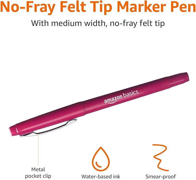 Amazon Basics Felt Tip Marker Pens, Versatile for Writing, Drawing, and Journaling, Assorted Colors, 24-Pack