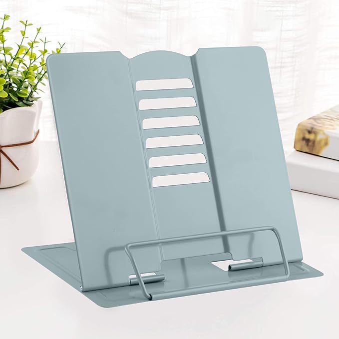 MSDADA Book Stand Metal Reading Rest Book Holder Adjustable Cookbook Documents Holder Portable Bookstands for Recipes Textbooks Tablet Music Books with Page Clips (Olive Green)