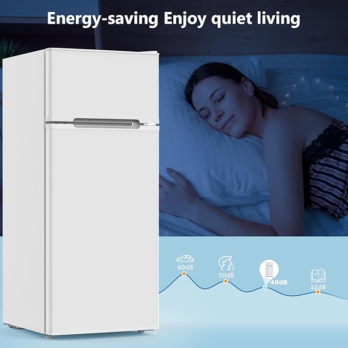 4.5 Cu.Ft Mini Fridge with Freezer, 2 Door Compact Refrigerator, Small Fridge with Adjustable Thermostat Energy Ultra Quiet, Mini Fridge Removable Glass Shelves for Bedroom Office Dorm White