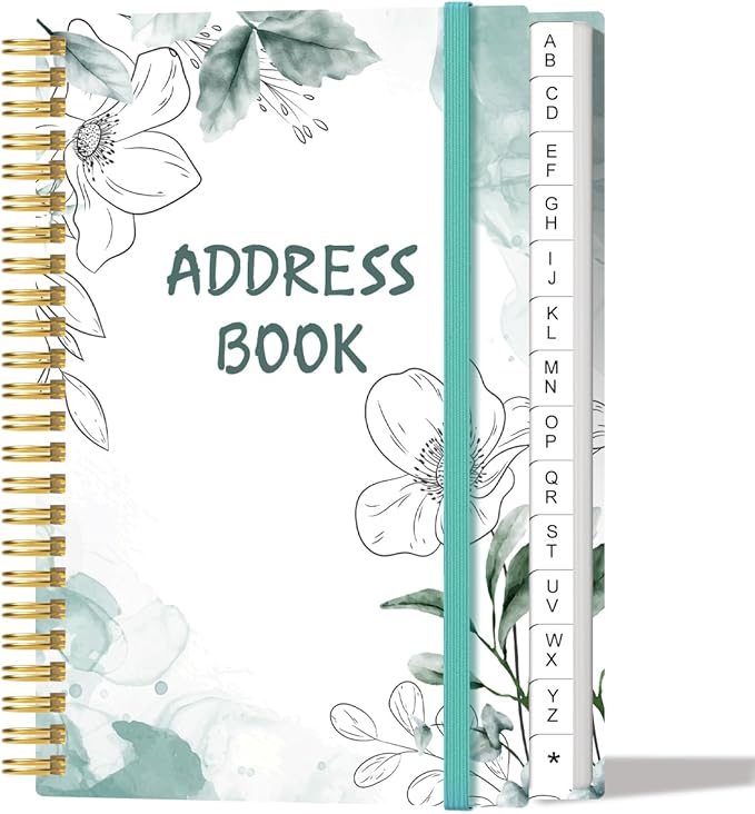 Address Book with Alphabetical Tabs - Small Address Book Spiral with Address Contacts, Special Date, Phone, Birthday & Internet Login Password for Home and Office, 4.3" x 6.2", Teal Flowers