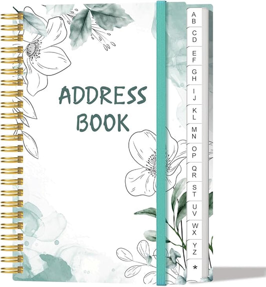 Address Book with Alphabetical Tabs - Small Address Book Spiral with Address Contacts, Special Date, Phone, Birthday & Internet Login Password for Home and Office, 4.3" x 6.2", Teal Flowers