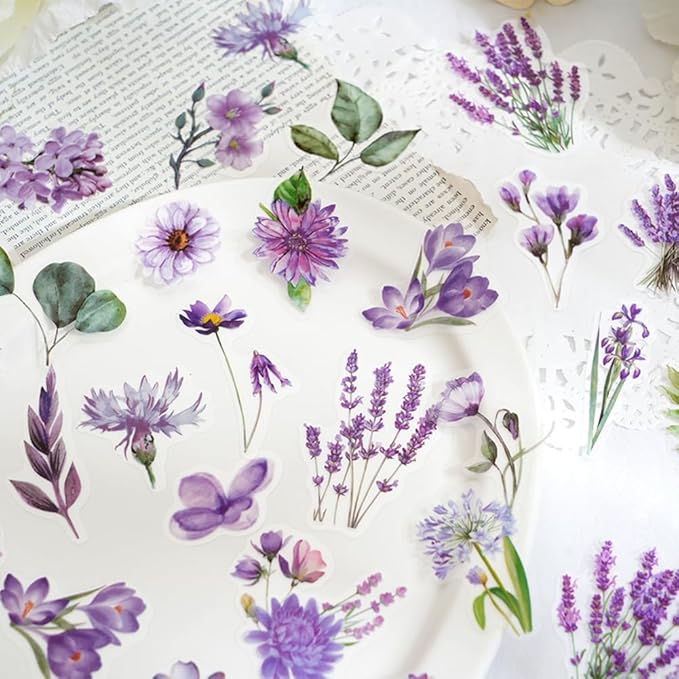 100 Pcs Lavender Purple Flower Stickers for Scrapbooking Junk Journal Notebook Diary Planner Letter Envelope Water Bottle Phone Case Craft Decoration
