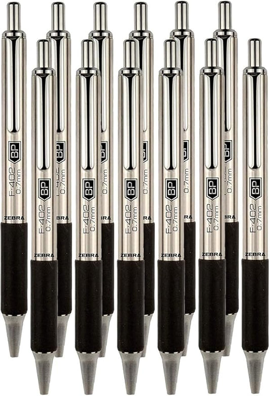 Zebra F-402 Ballpoint Stainless Steel Retractable Pen, Fine Point, 0.7mm, Black Ink, 12-Count Bundle with Plastic Reusable Pouch