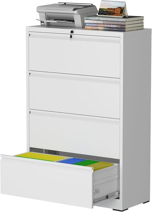 4 Drawer Lateral File Cabinet with Lock, Metal File Cabinet, Lateral File Cabinets for Home Office, Heavy Duty File Storage Cabinet for Legal/Letter/A4 Document, Assembly Required, White