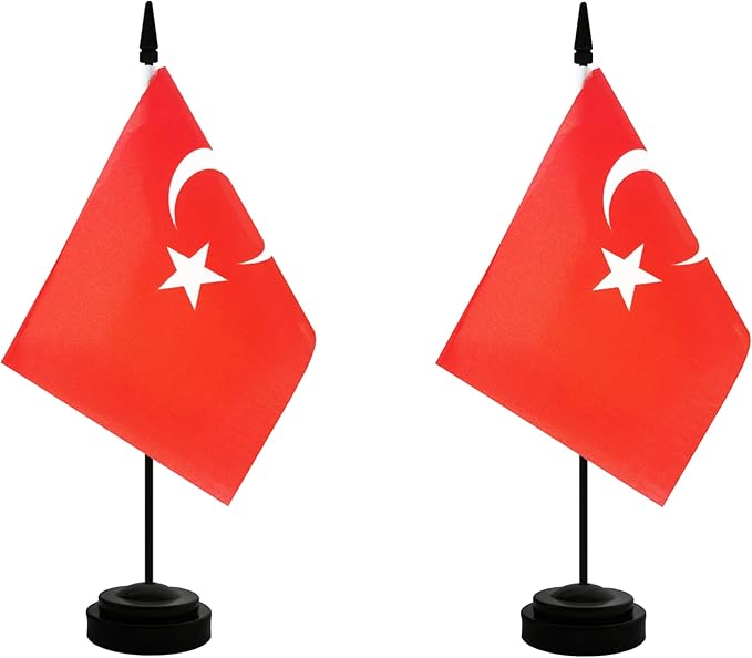 2 Pack Turkey Desk Flag, Turkish Table Office Flag with Solid Pole and Stand Base, International Country Flag, Festival Celebration, Classroom Meeting Desktop Decoration (Turkey)
