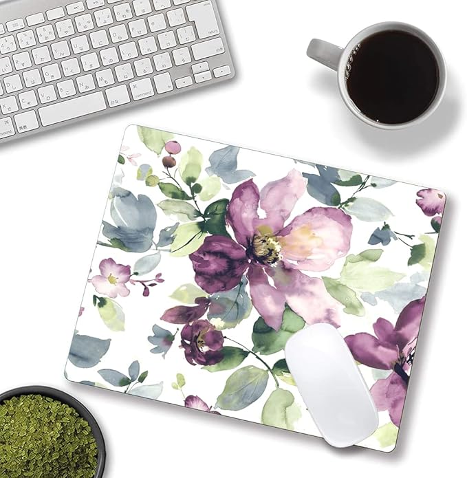 Hokafenle Floral Mouse Pad - Purple Watercolor Flower, Square Waterproof Non-Slip Rubber Base for Office Computer Laptop - Ideal for Girls and Women