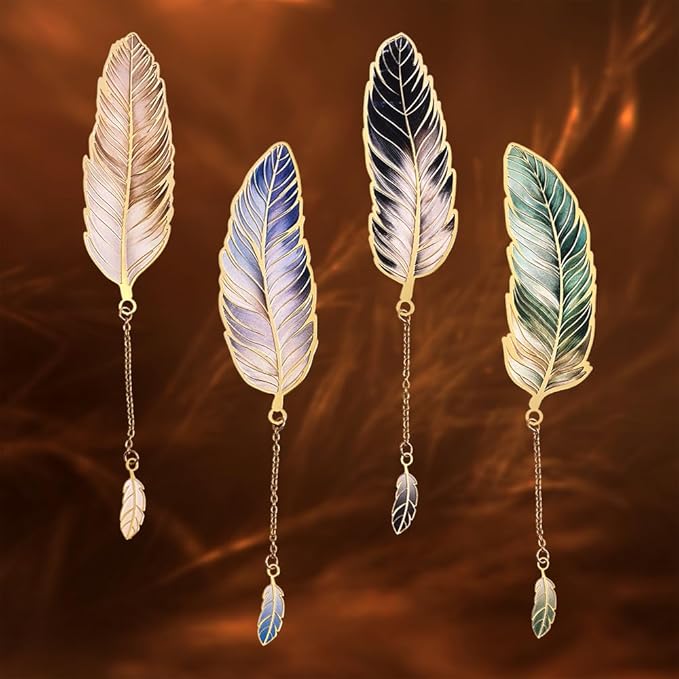 4pcs Metal Feather Bookmarks with Pendant Elegant Bookmark Set for Book Lovers, Writers, Readers Durable Book Markers with English Inscriptions Unique Gifts for Men, Women