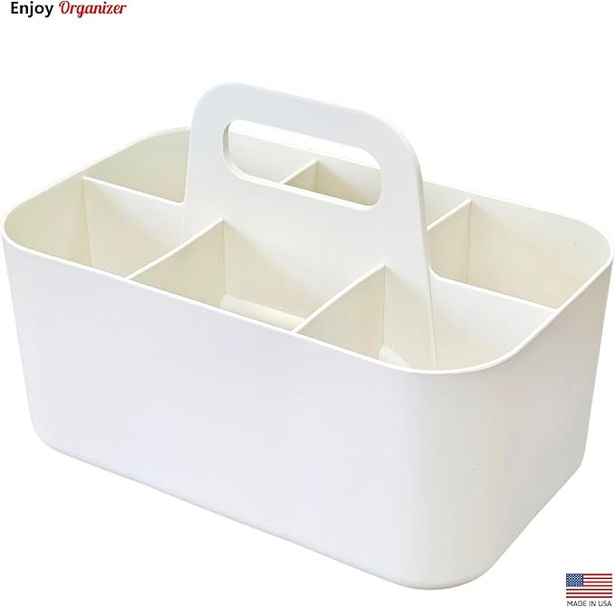2 Pack Small 6 Compartment Multiuse Caddy Organizer with Handle Art Craft Supplies, Office, Desk, Stationery Pen Holder Stackable- Made In USA (Mint/Ivory)