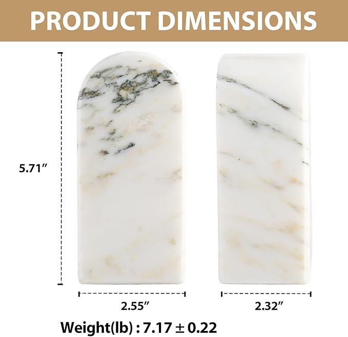Koville Natural Marble Bookends for Shelves, 7lbs Heavy-Duty Marble Book Holders, Decorative Book Ends, Bookshelf Apartment Decor for Normal Books/CD/Video Games