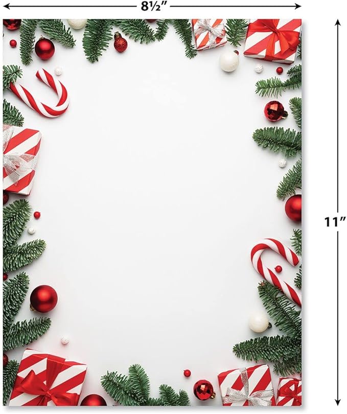 Pine and Presents Border Letter Paper - Set of 25 Christmas stationery papers are 8 1/2" x 11", compatible computer paper
