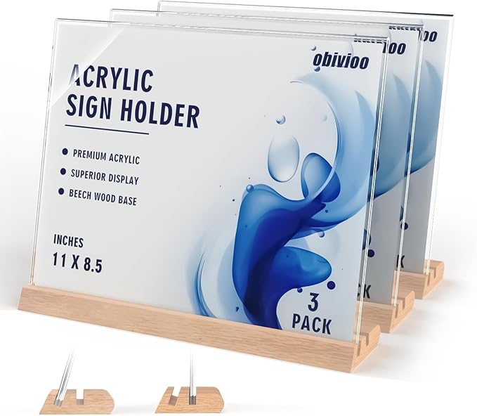 11 x 8.5Horizontal Acrylic Sign Holder with Combined L and T-Shaped Wood Base,High transparency table card stand for Ads, Menu, Picture,Welcome sign or other Flyer(3 packs)